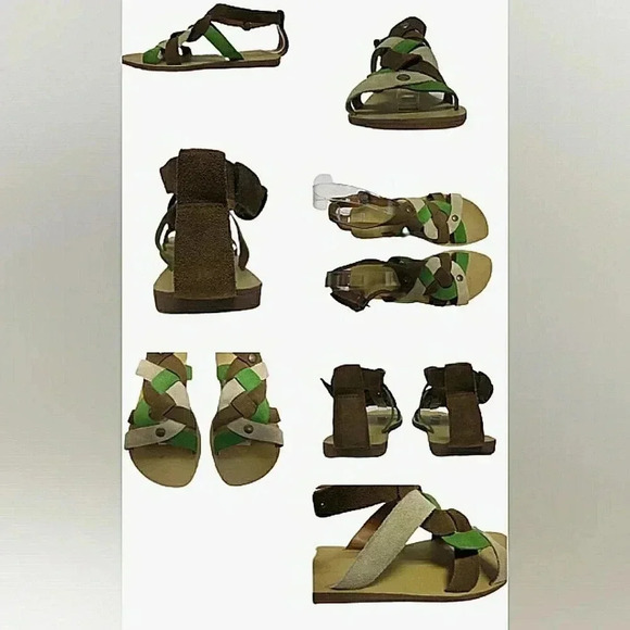 Nine West 9.5 Boho Gypsy Festival Suede Leather Strappy Flat Green Brown Sandals - Picture 3 of 10